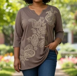 St. John's Bay Brown Paisley 3/4 Length Sleeve Top